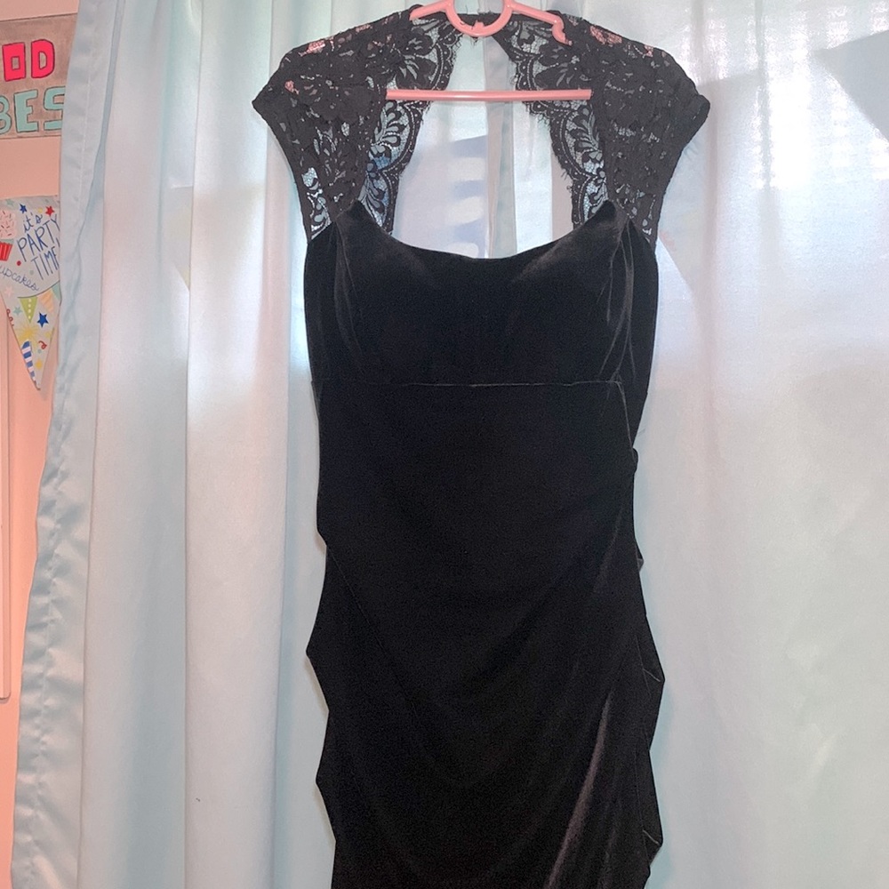 Xscape Black Velvet Lace Trim Open Back Little Black Cocktail Dress